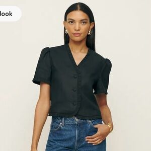 Reformation Black Notched Collar Fitted Blouse